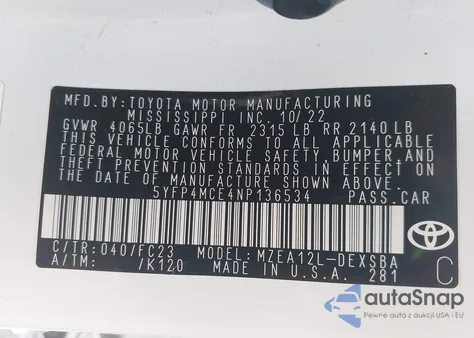 2022 Toyota Corolla Se z USA, uszkodzony, nr VIN 5YFP4MCE4NP136534